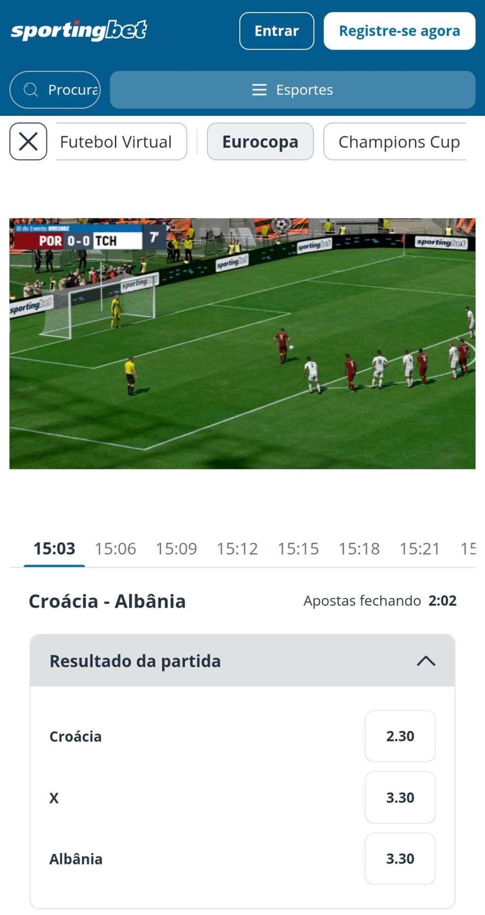 Captura de tela do futebol virtual na Sportingbet.