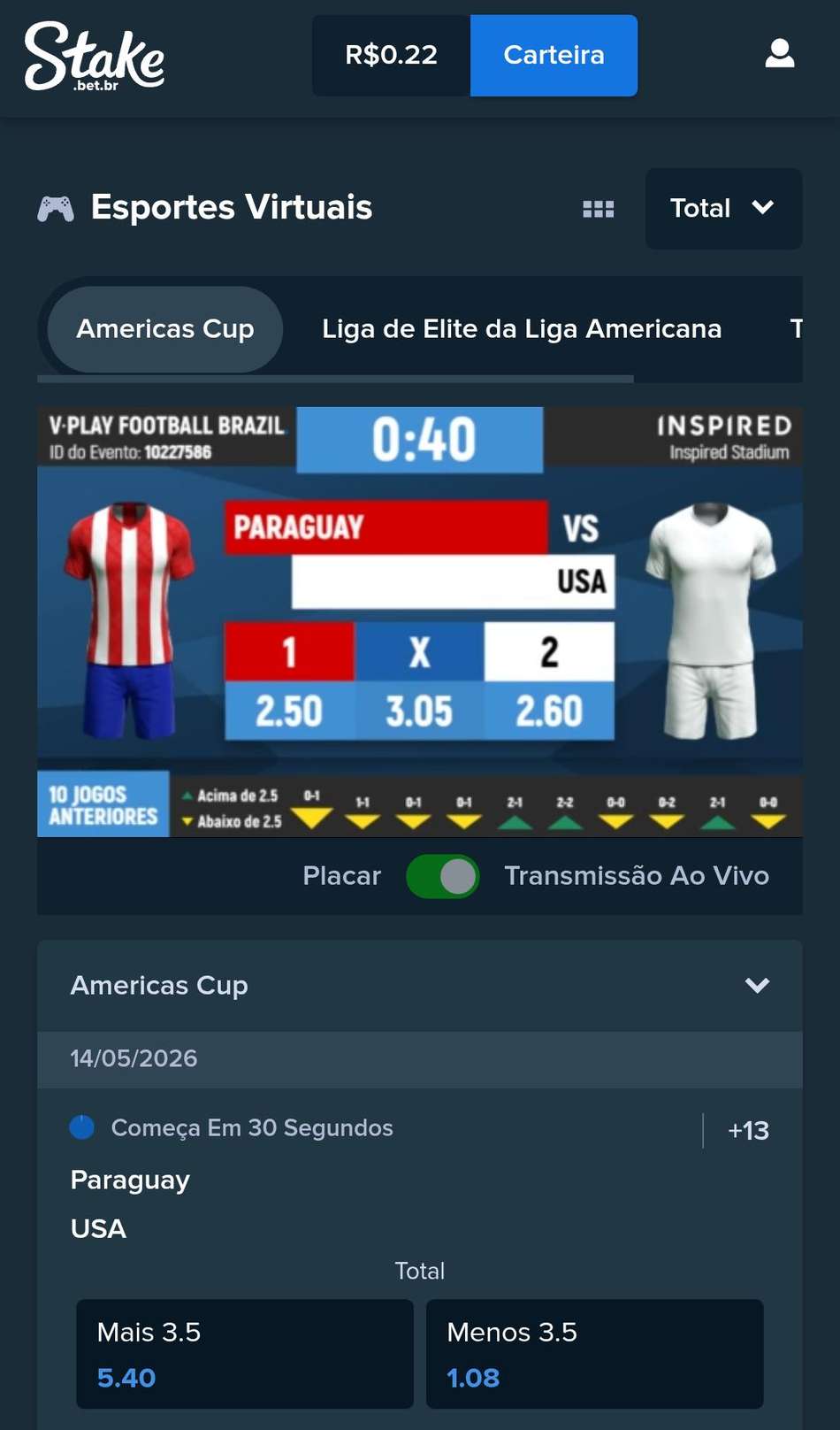 Captura de tela do futebol virtual na Stake.