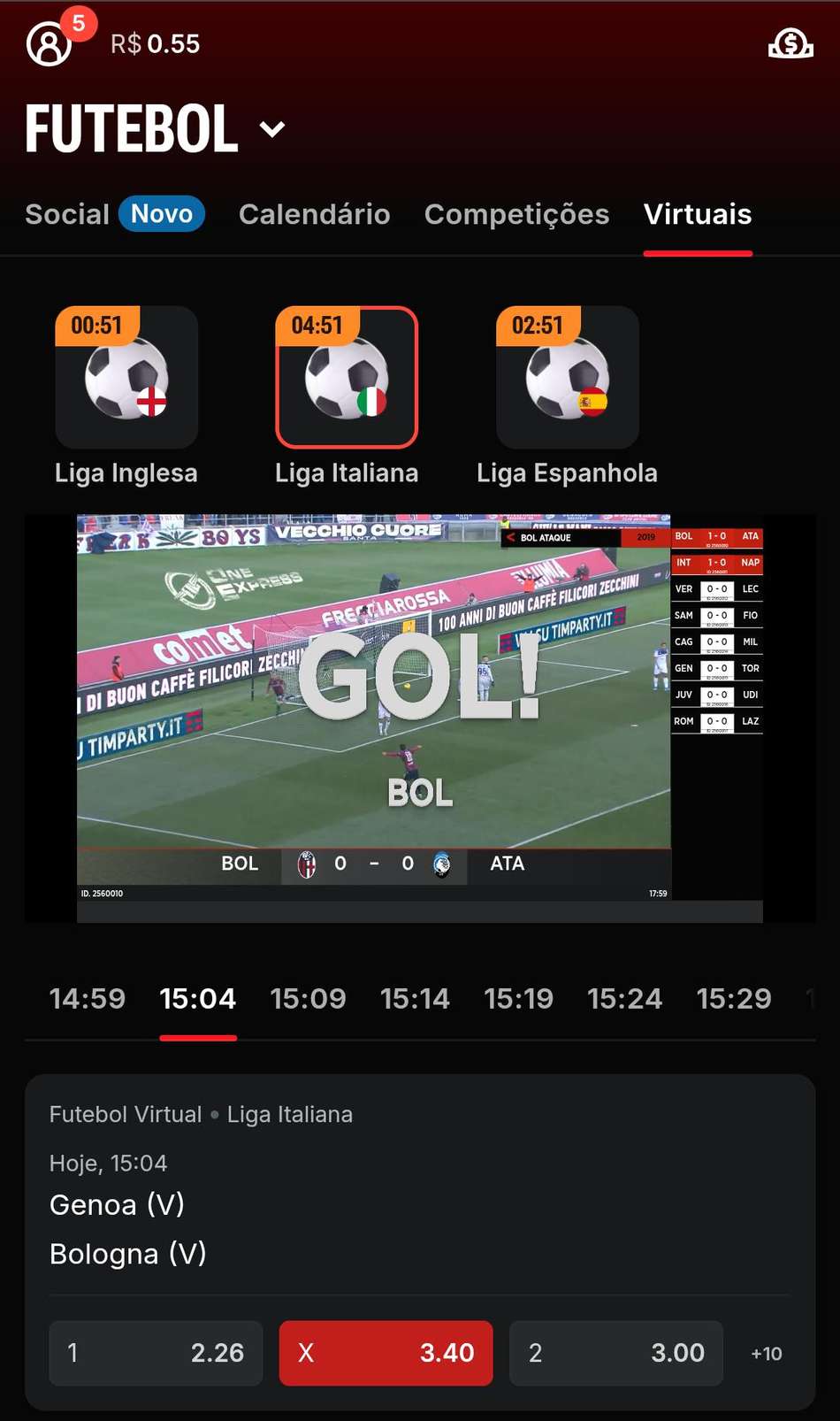 Captura de tela do futebol virtual na Superbet.