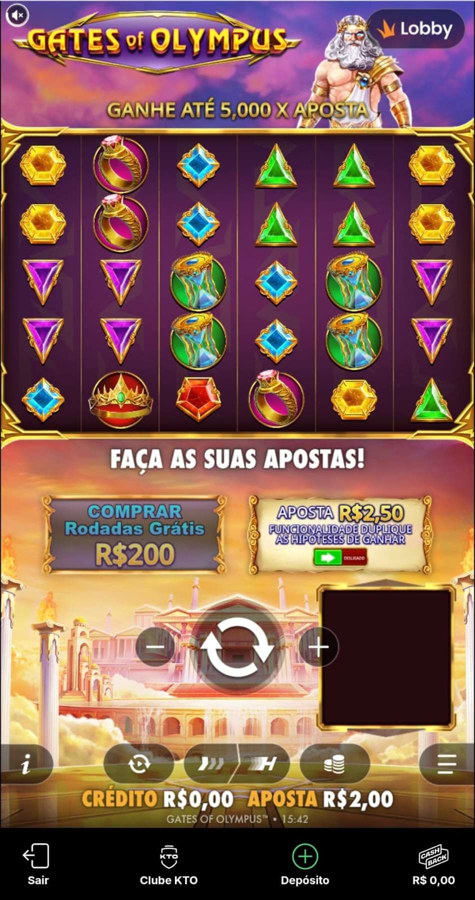 Captura de Gates of Olympus na KTO, exibindo botões de apostas, grade com símbolos e menus de jogo.