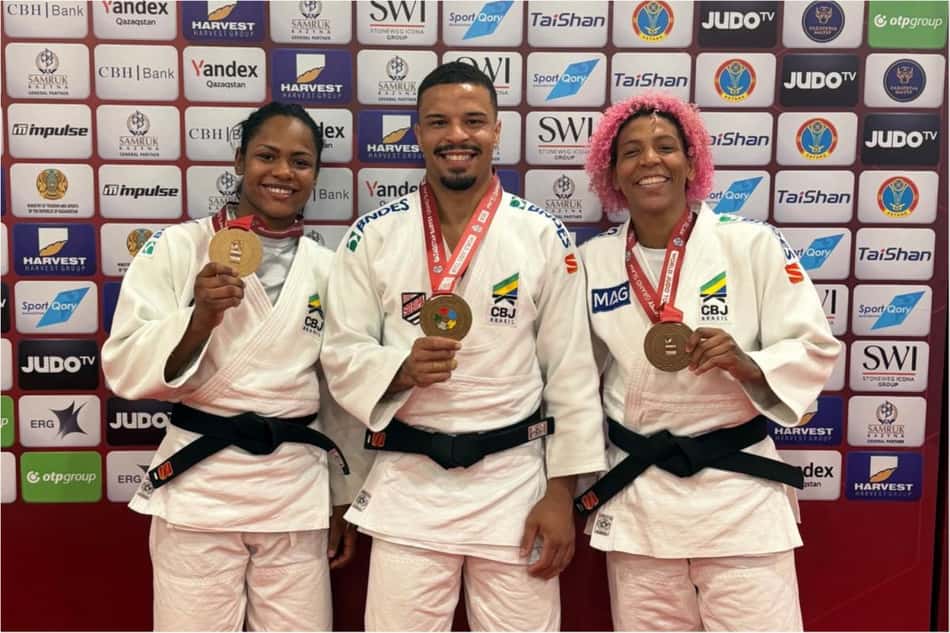 Nauana Silva, Rafaela Silva e David Lima foram medalhistas no Grand Slam do Cazaquistão 2026 (Foto: Divulgação/ CBJ)