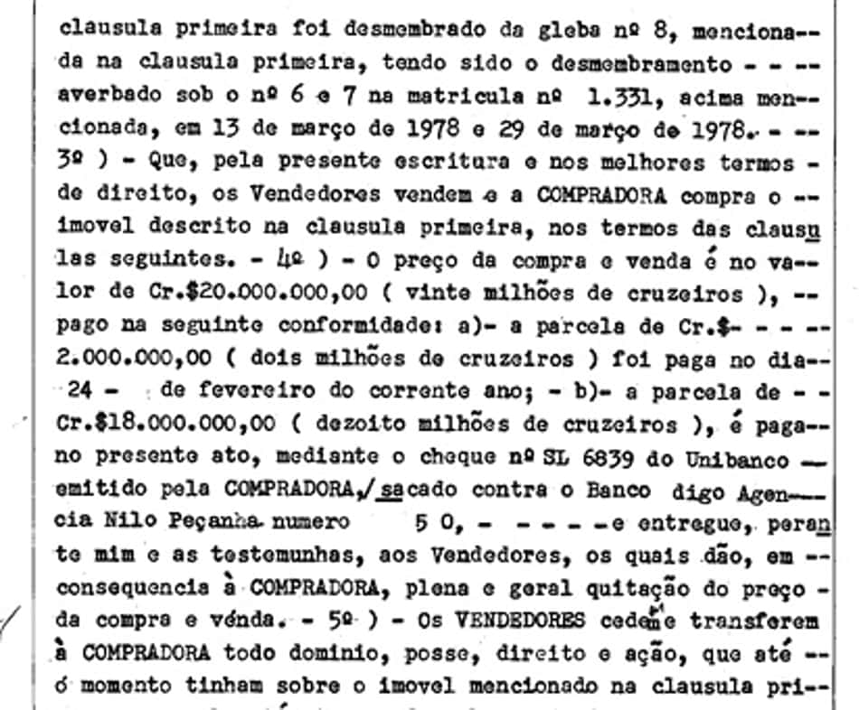 Escritura narra o processo de compra e venda da Granja Comary