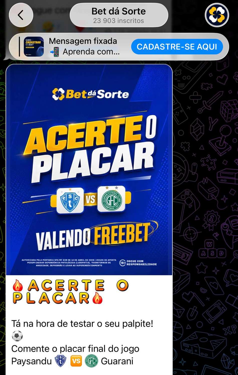 Captura de tela do grupo de apostas esportivas da Bet Dá Sorte.