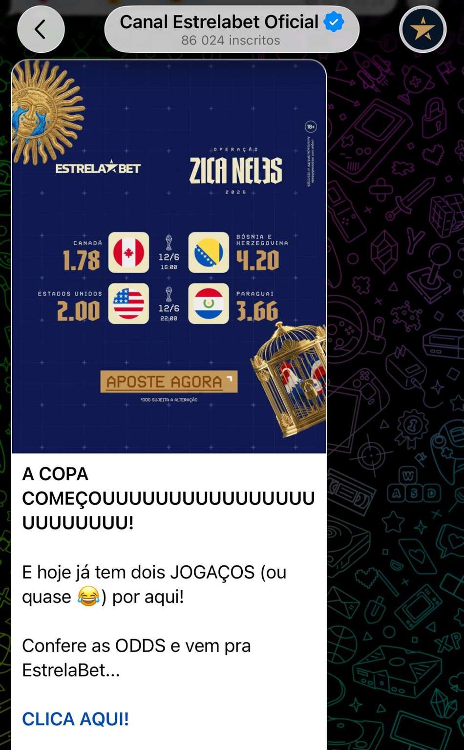 Captura de tela do grupos de apostas esportivas da Estrela bet no Telegram.