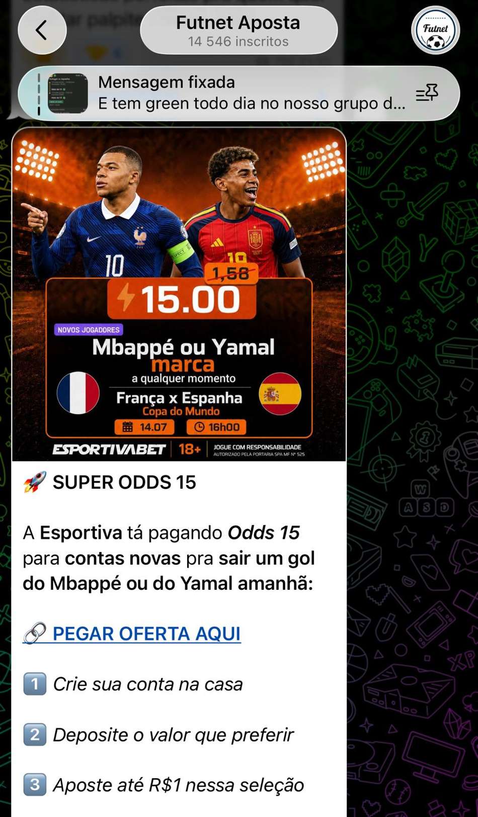 Captura de tela do grupo de apostas esportivas da Futnet.
