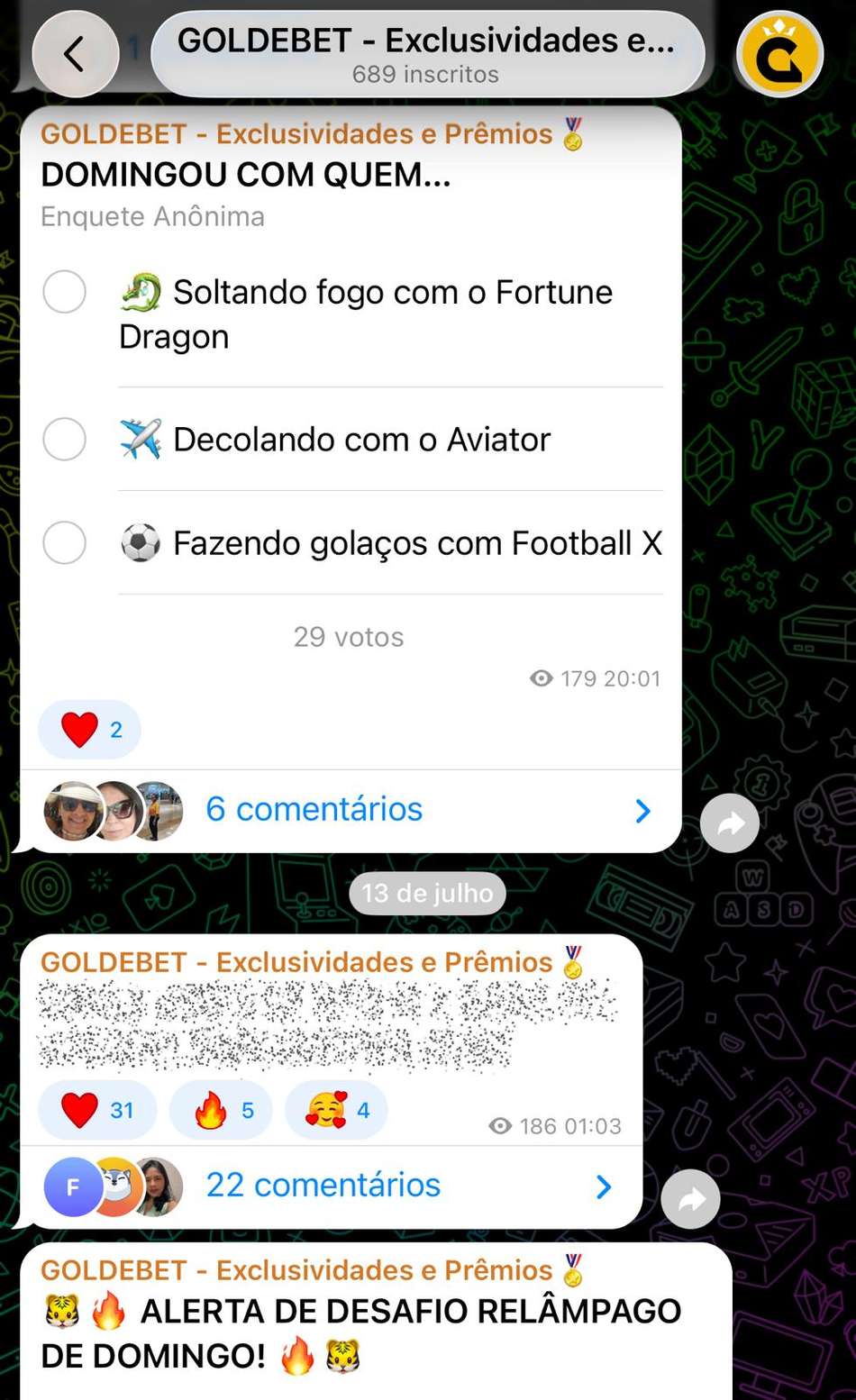 Captura de tela do grupo de apostas esportivas da Gol de Bet.