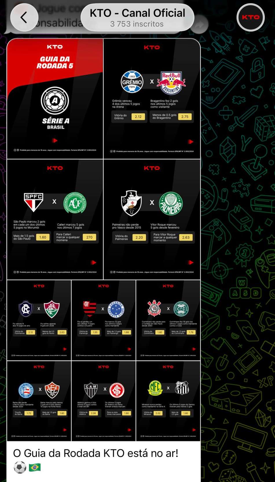 Captura de tela do grupo de apostas esportivas da KTO.