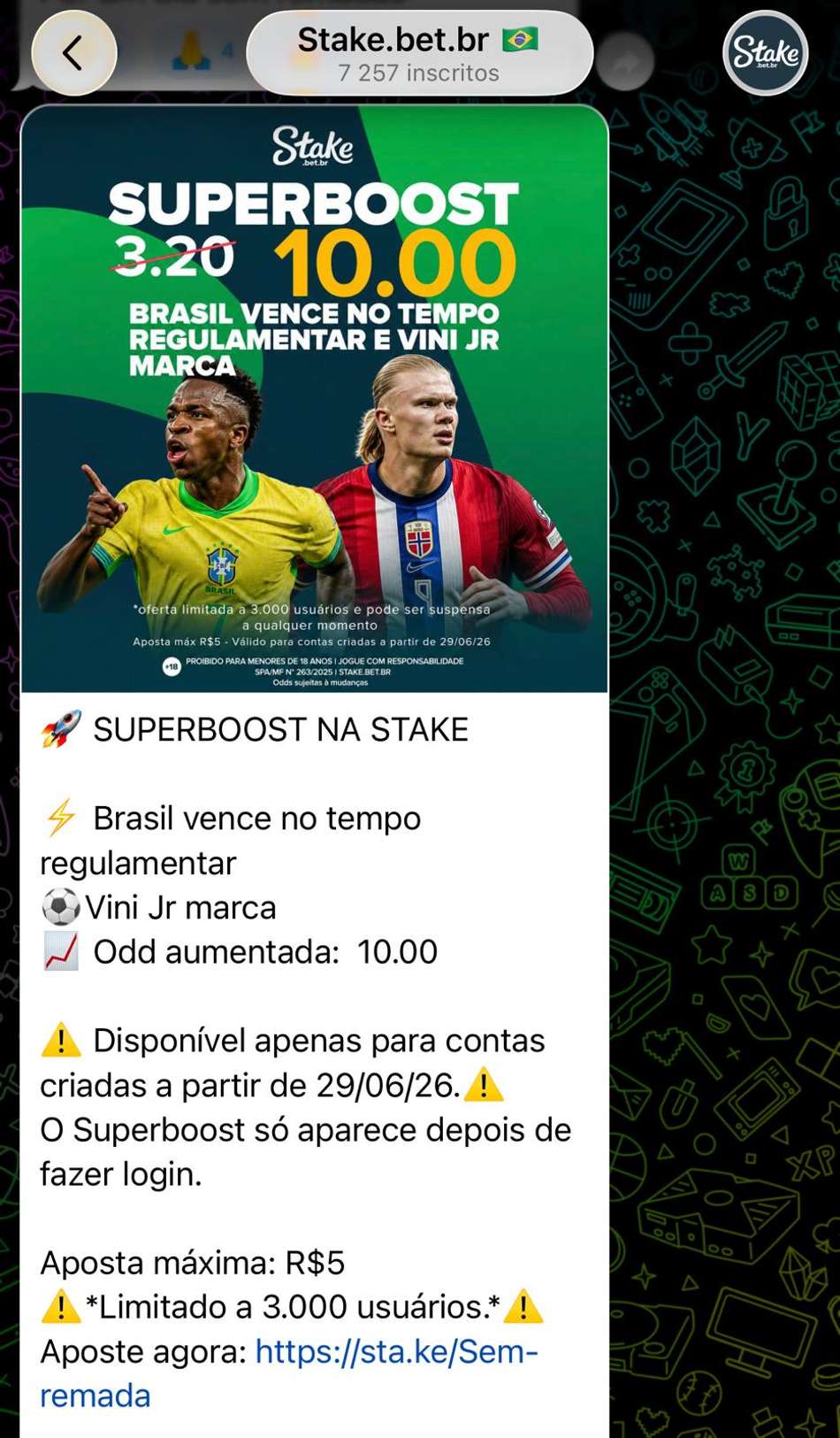 Captura de tela do grupo de apostas esportivas da Stake.