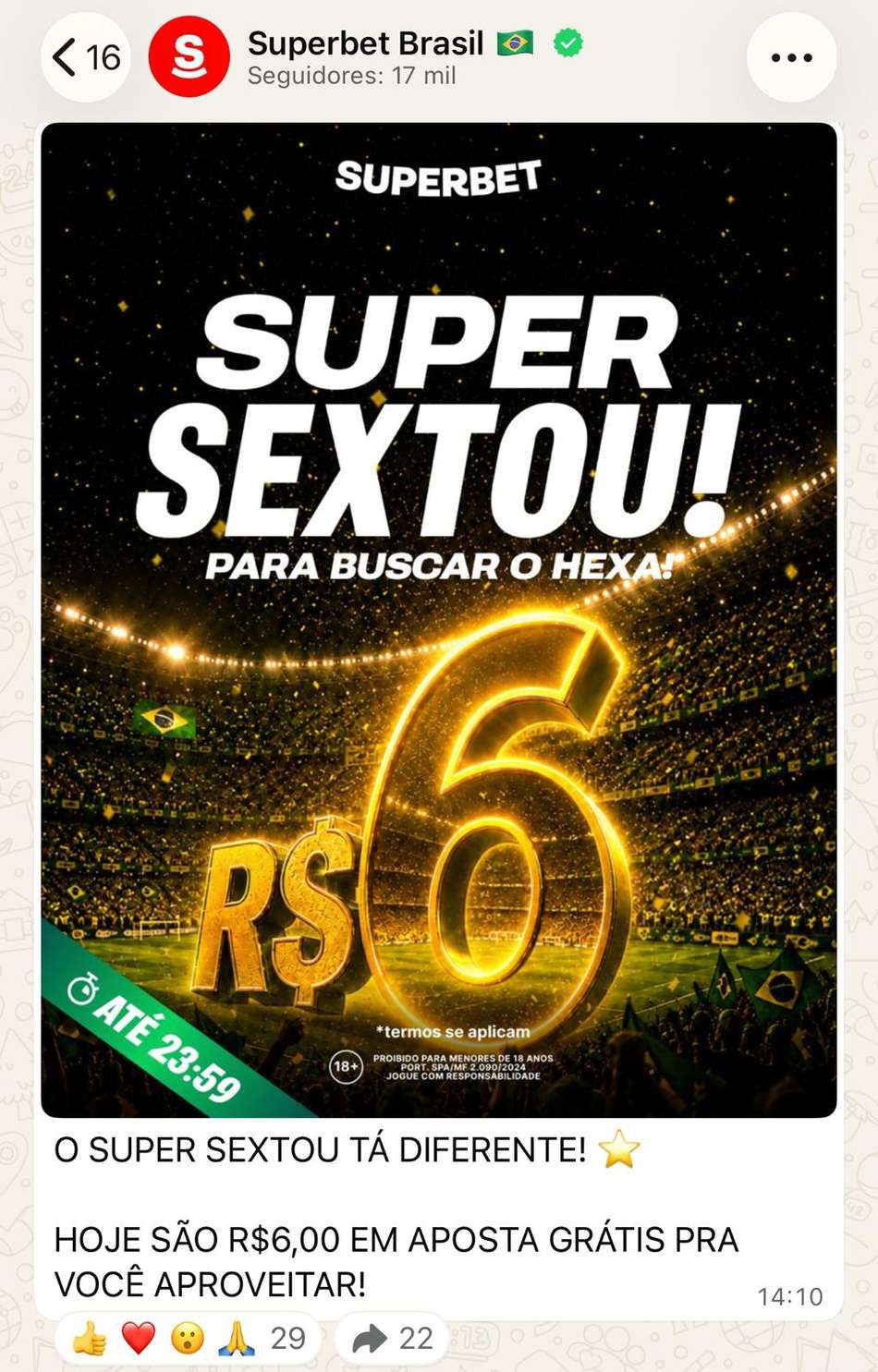 Captura de tela do grupo de apostas esportivas da Superbet.