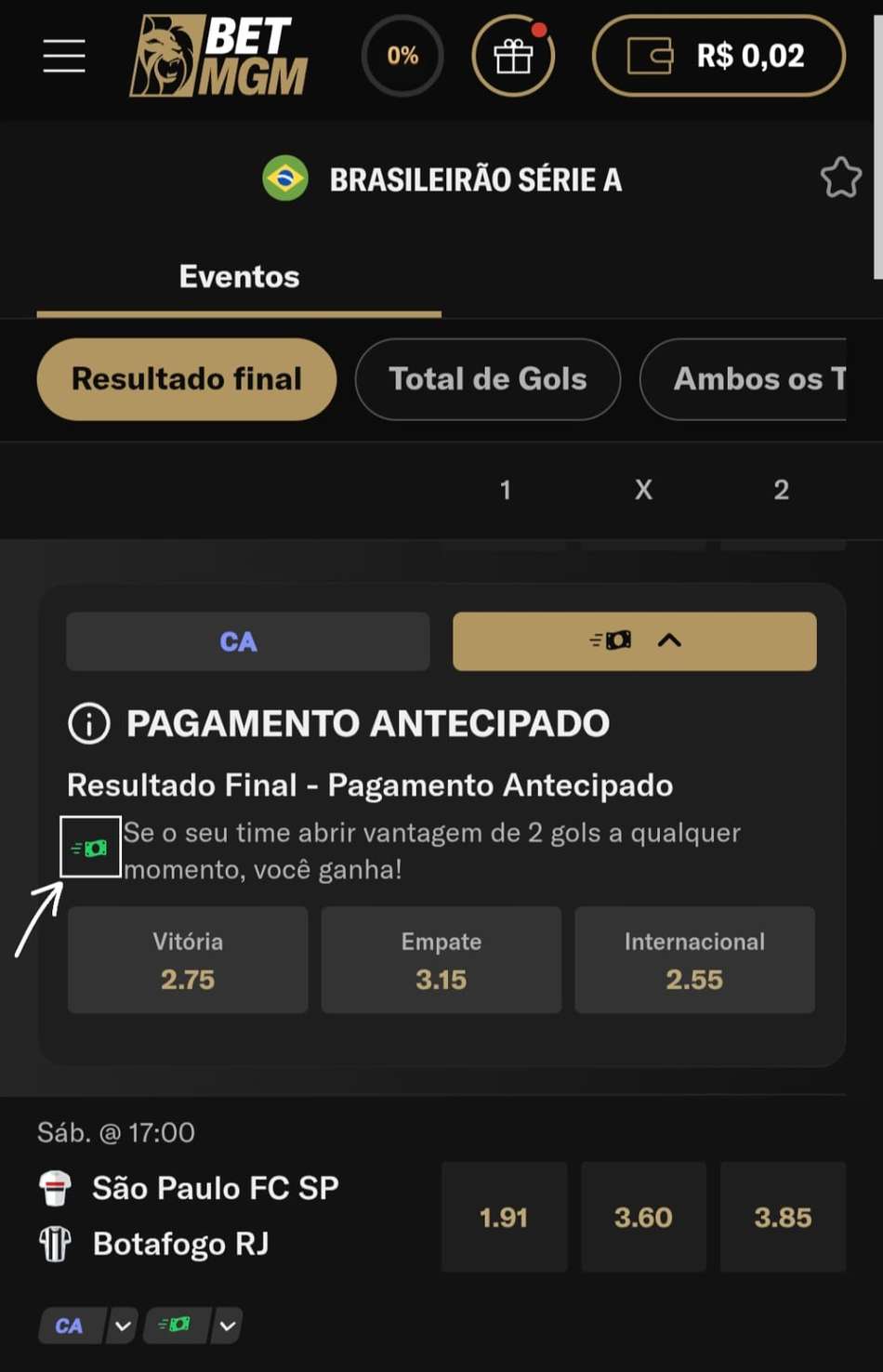 Captura de tela da oferta de Pagamento Antecipado na BetMGM exibindo o ícone que sinaliza a disponibilidade do recurso.