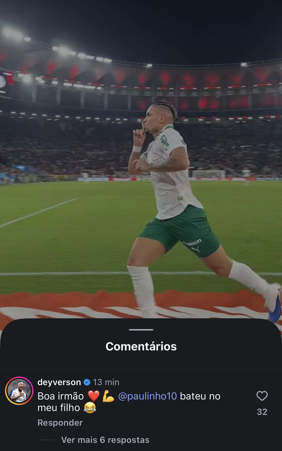 Comentário de Deyverson em publicação do Palmeiras após vitória sobre o Flamengo 