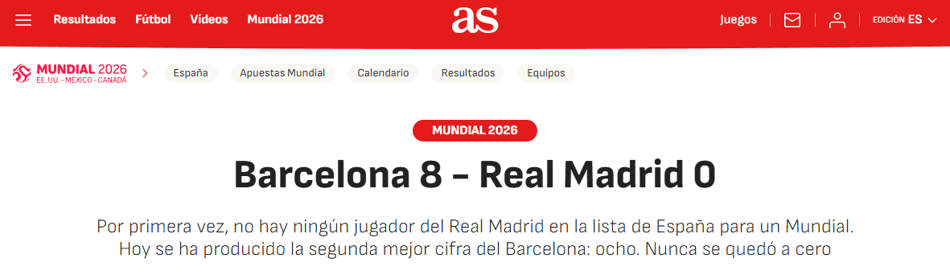Manchete do jornal "As" para convocação da Espanha