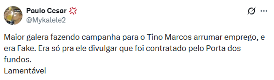 Internauta falando de Tino Marcos no Porta dos Fundos