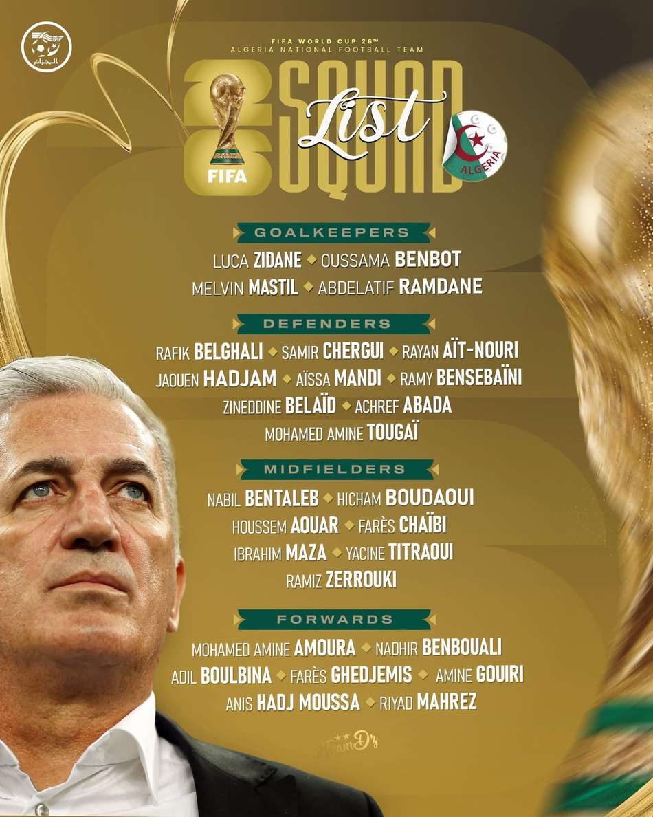 Convocatória da seleção da Argélia para a Copa do Mundo de 2026 (Foto: Reprodução / X)