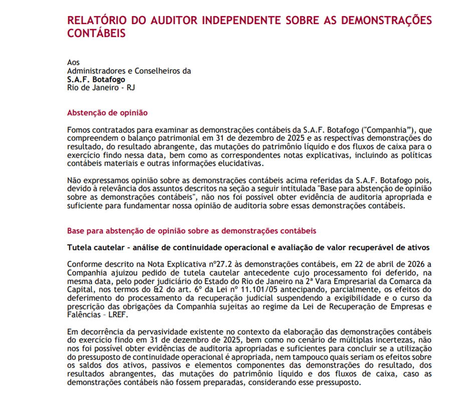 Trecho de relatório na auditoria do Botafogo (Foto: Reprodução)