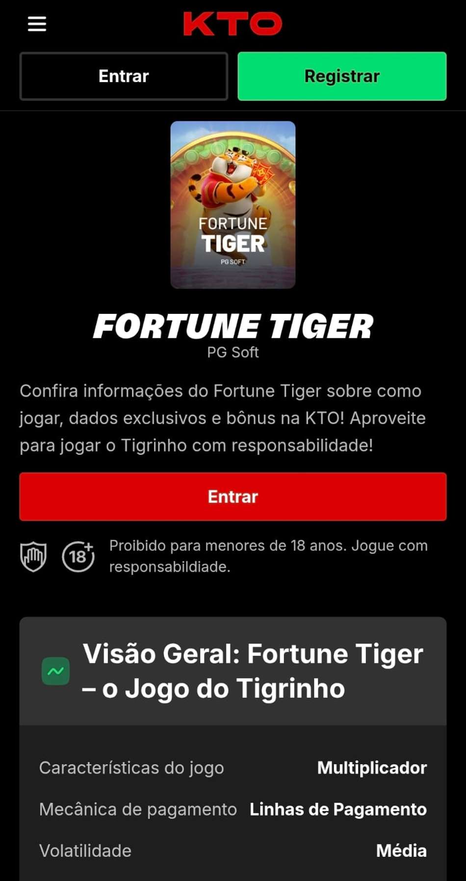 Captura de tela das informações técnicas e de funcionamento do Fortune Tiger no guia de slots da KTO.