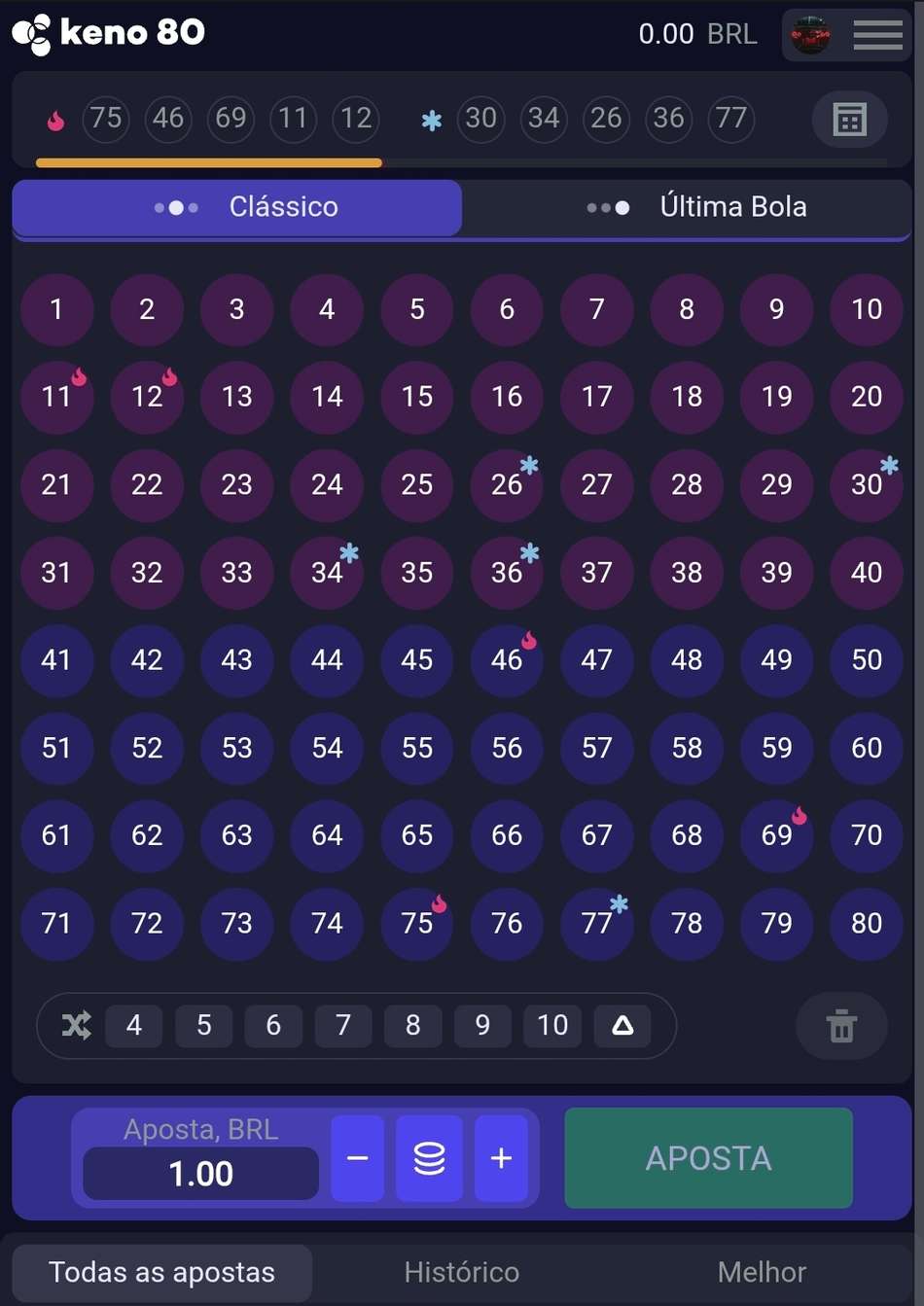 Captura de tela do jogo Keno 80 na BetBoom exibindo o layout inicial de apostas.
