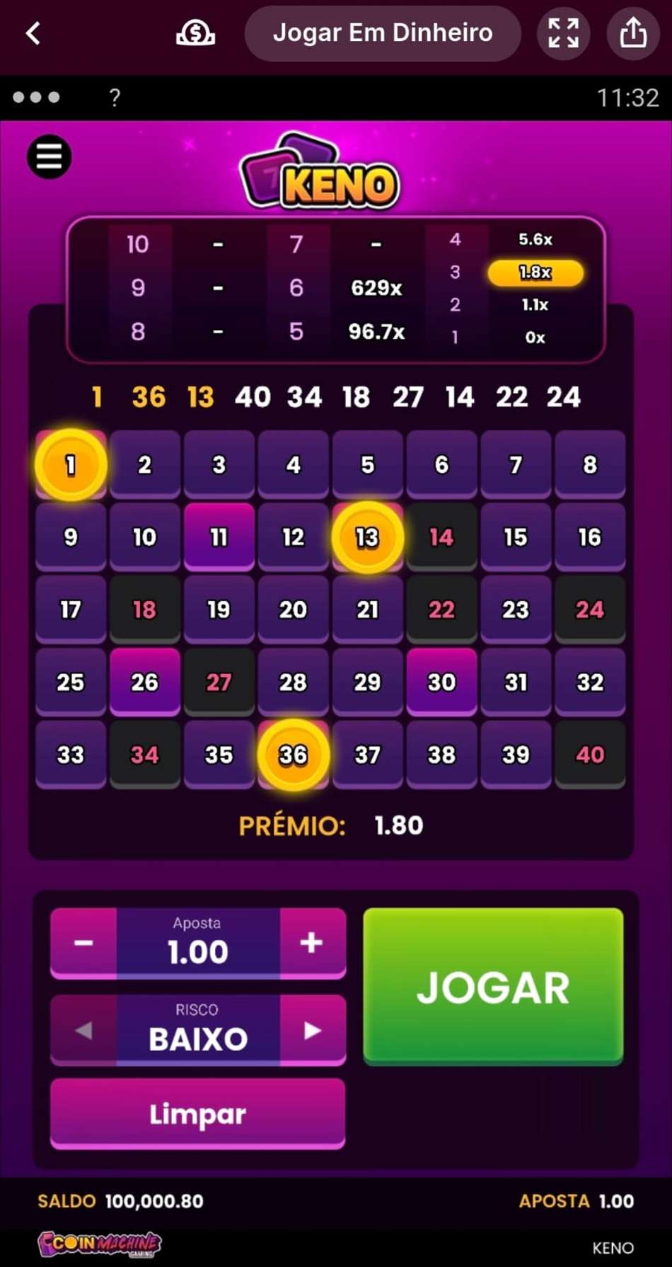 Captura de tela do jogo Keno The Originals na Superbet com uma versão mini exibindo apenas 40 números.