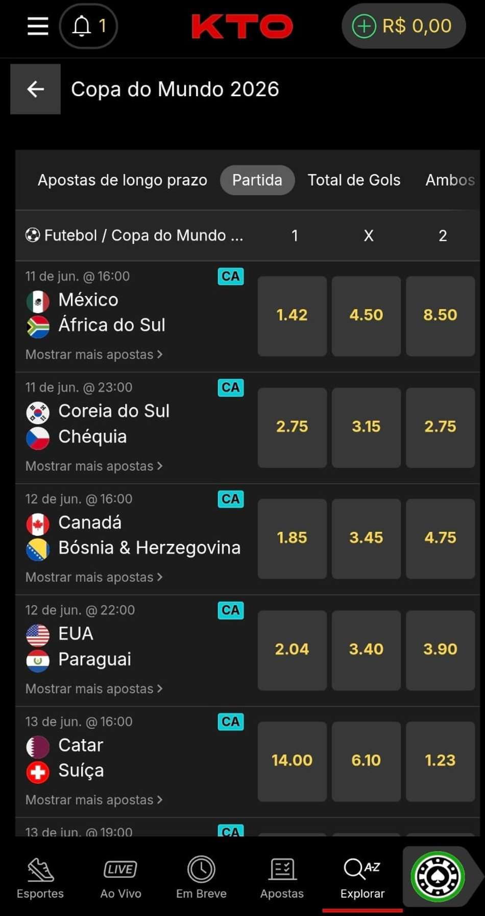 Captura de tela da seção de apostas na Copa do Mundo na KTO, exibindo agenda de jogos e odds.