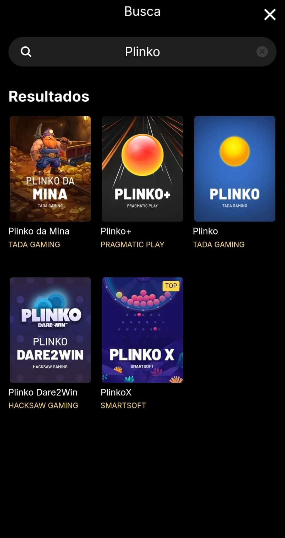 Captura de tela do catálogo de jogos de Plinko na KTO.