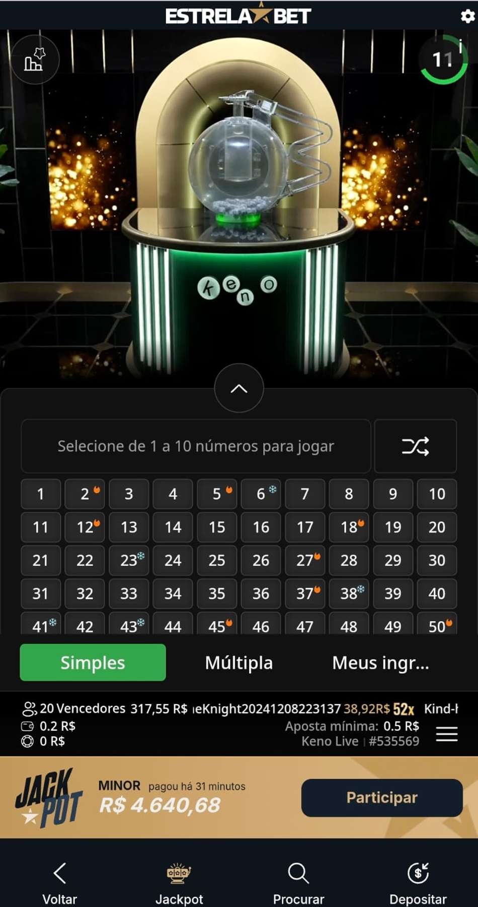 Captura de tela do jogo Keno Live na Estrela bet exibindo uma mesa de apostas em tempo real.