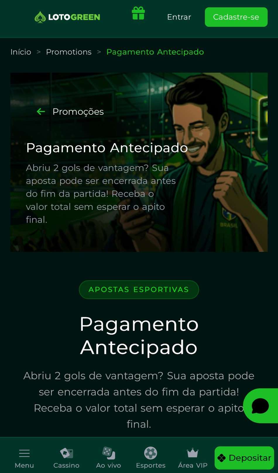 Captura de tela do Pagamento Antecipado, disponível em apostas na Copa do Brasil na Lotogreen.
