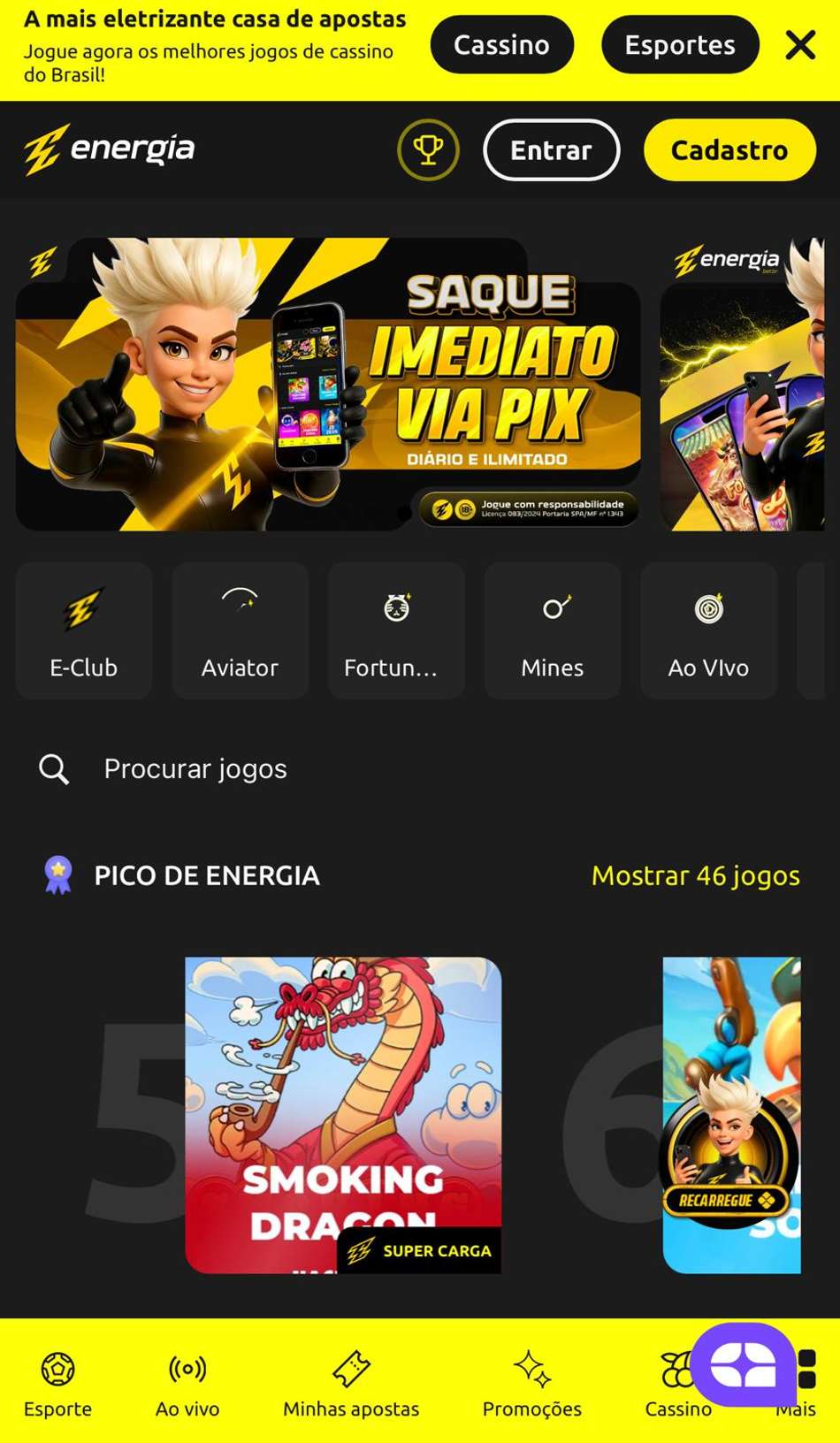Captura da tela inicial do site móvel da Energia Bet.