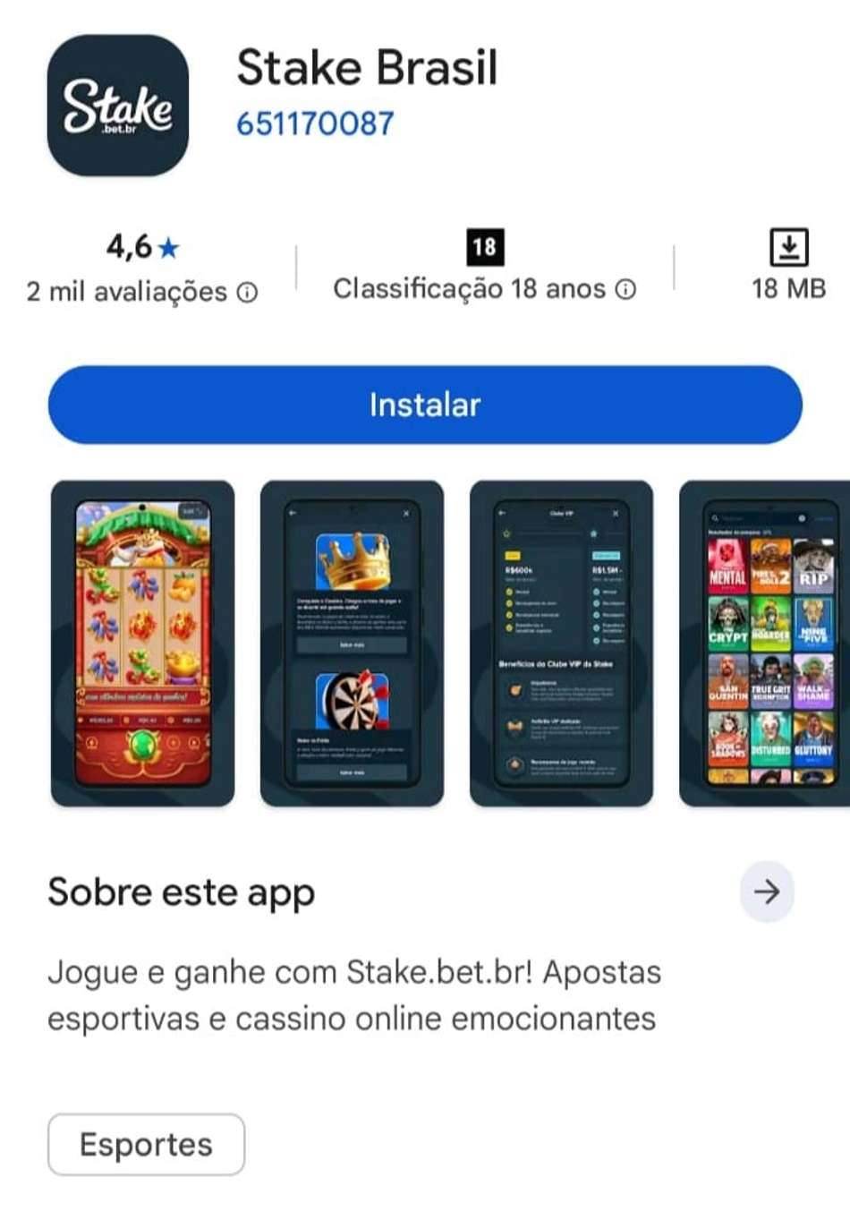 Captura de tela do app da Stake disponível na Play Store.