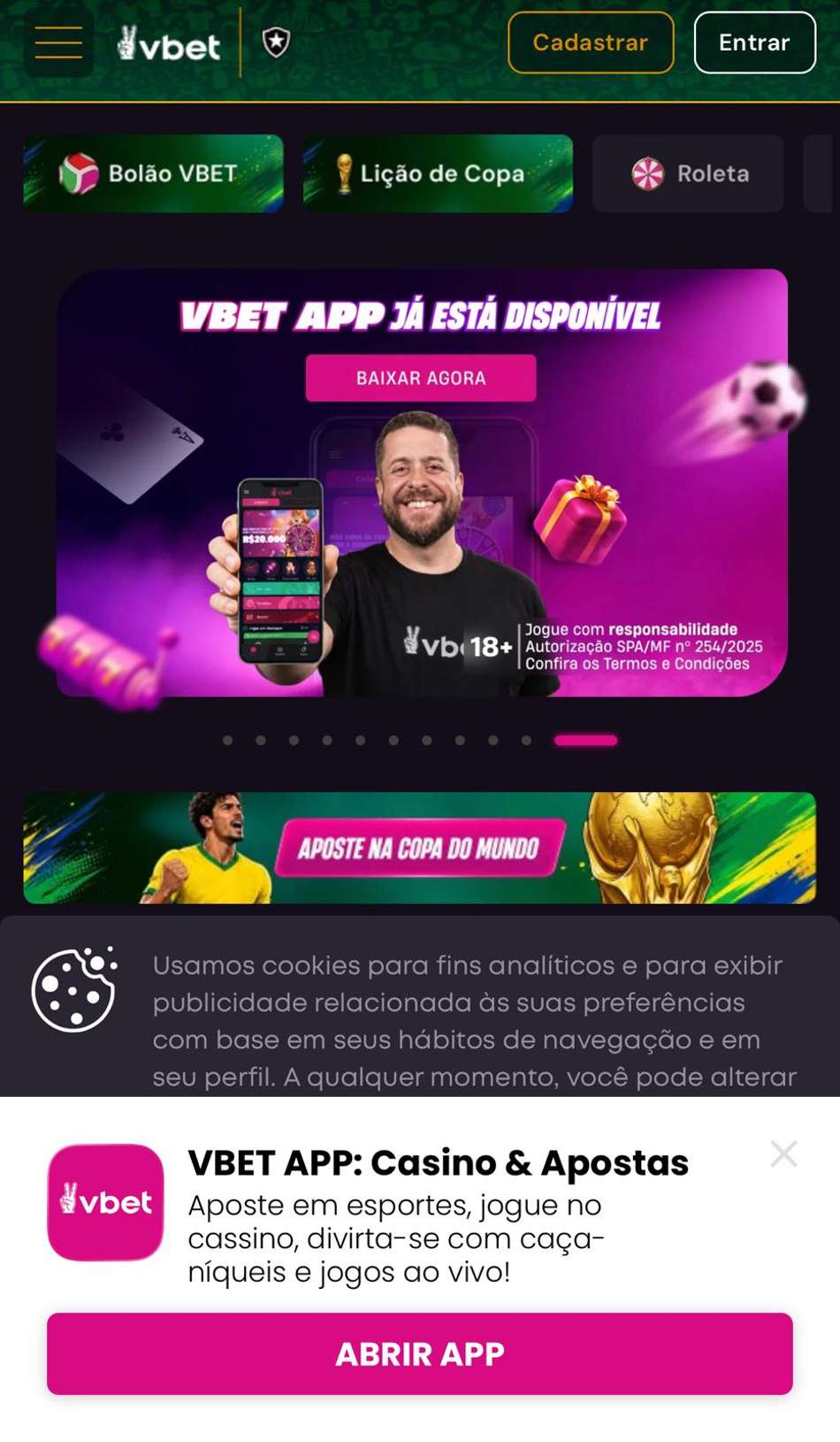 Captura da tela inicial da Vbet.