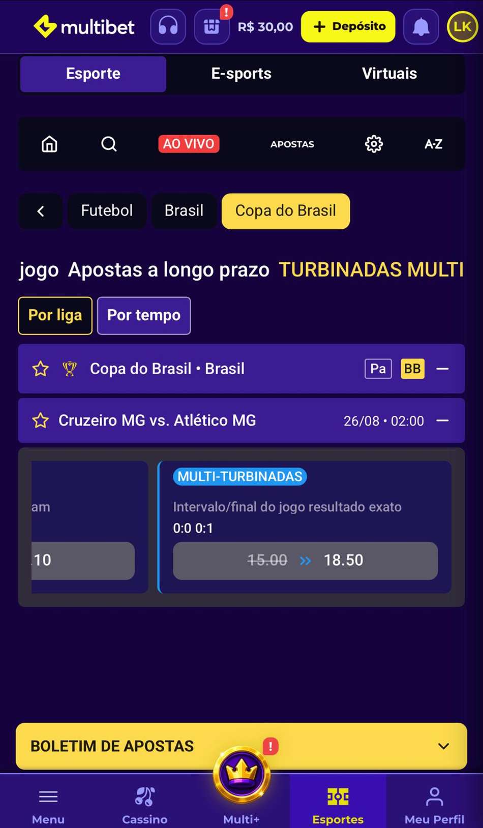 Captura da tela de apostas na Copa do Brasil na Multibet.