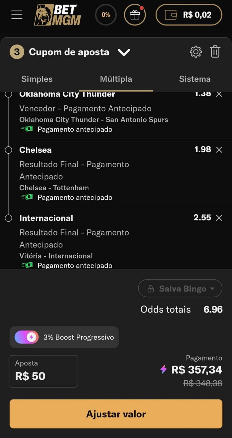 Captura de tela de uma aposta múltipla combinando eventos com Pagamento Antecipado ativo na BetMGM.
