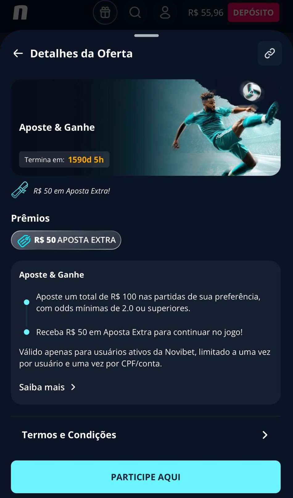 Captura da tela do "Aposte &amp; Ganhe". válido para apostas na Copa do Brasil na Novibet.