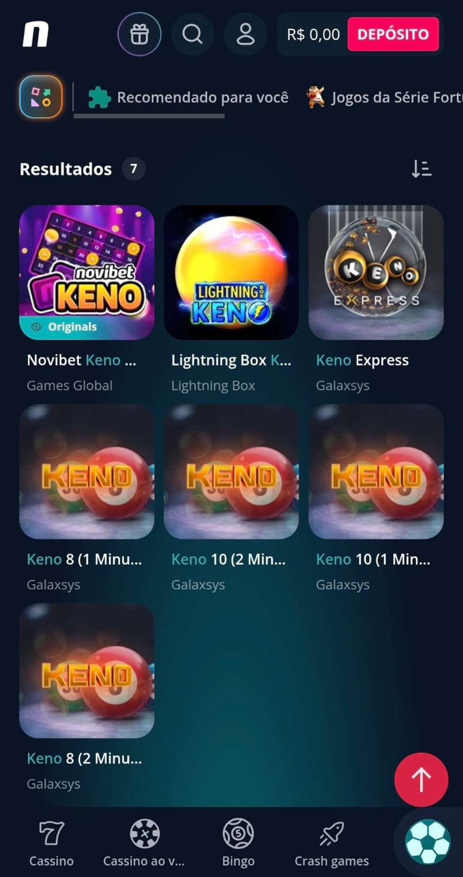Captura de tela da Novibet na página dos jogos de keno online disponíveis para apostar.