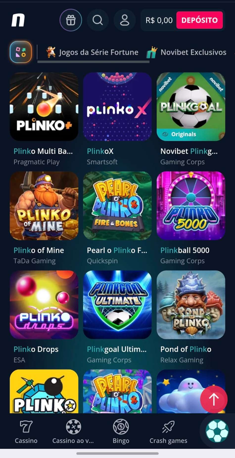 Captura de tela da Novibet na página de cassino com o resultado de busca pelos jogos de Plinko.