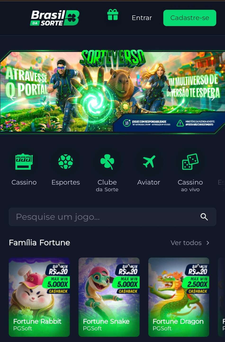 Captura de tela do novo cassino Brasil da Sorte.