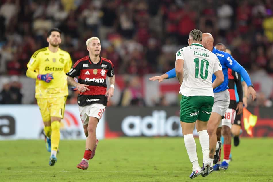 Confusão após a comemoração de Paulinho (Foto: Thiago Ribeiro/AGIF/Folhapress) palmeiras flamengo