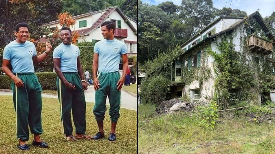 Garrincha, Pelé e Brito em frente ao Hotel Pinheiros, em Teresópolis