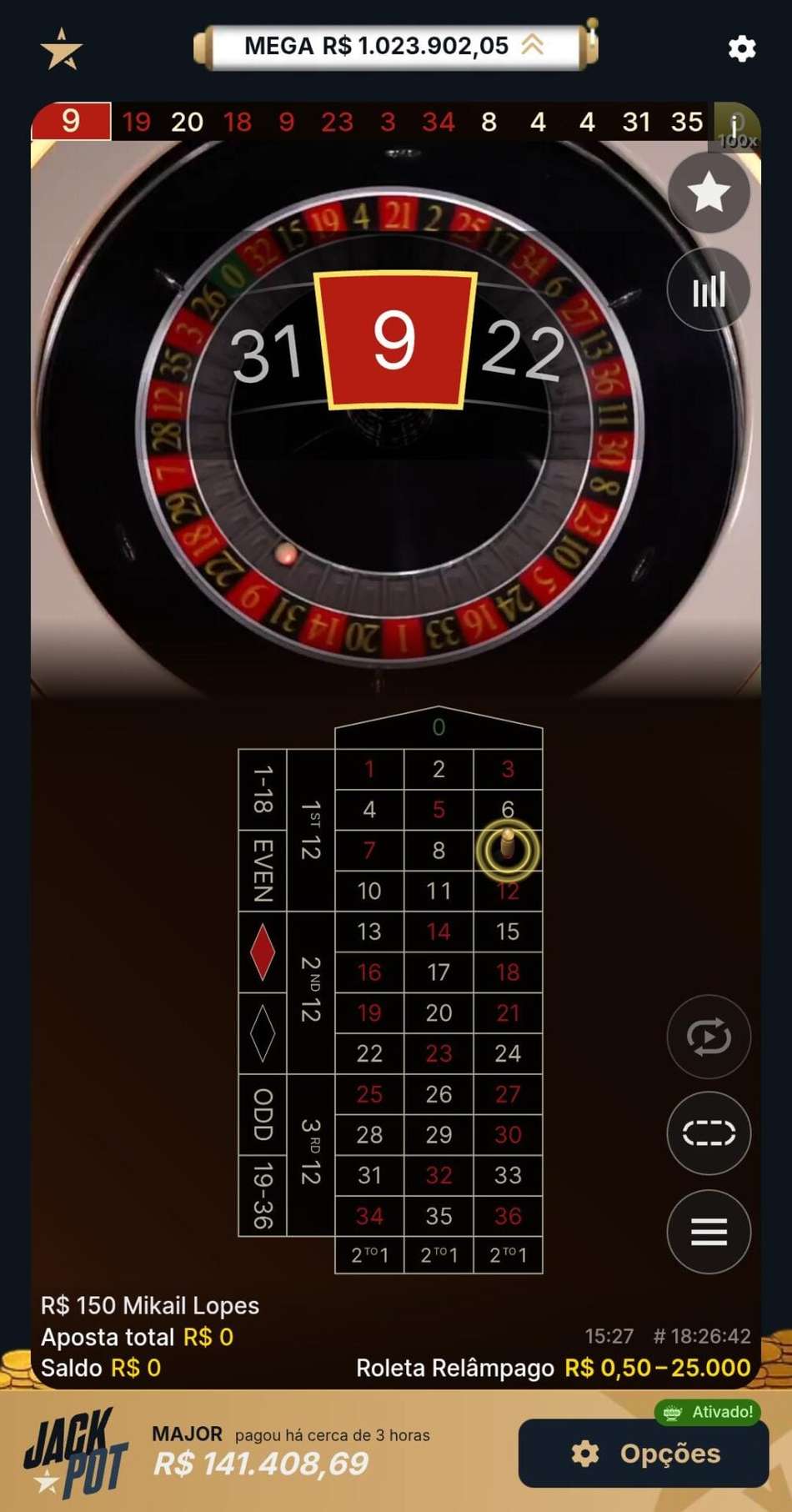 Captura de tela da Lightning Roulette na Estrela Bet.