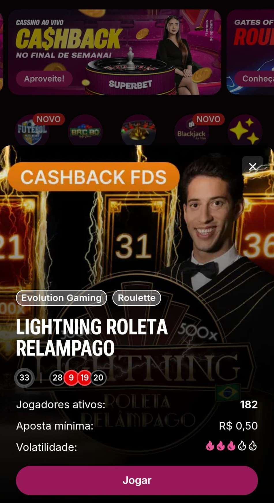 Captura de tela da Lightning Roulette na Superbet.