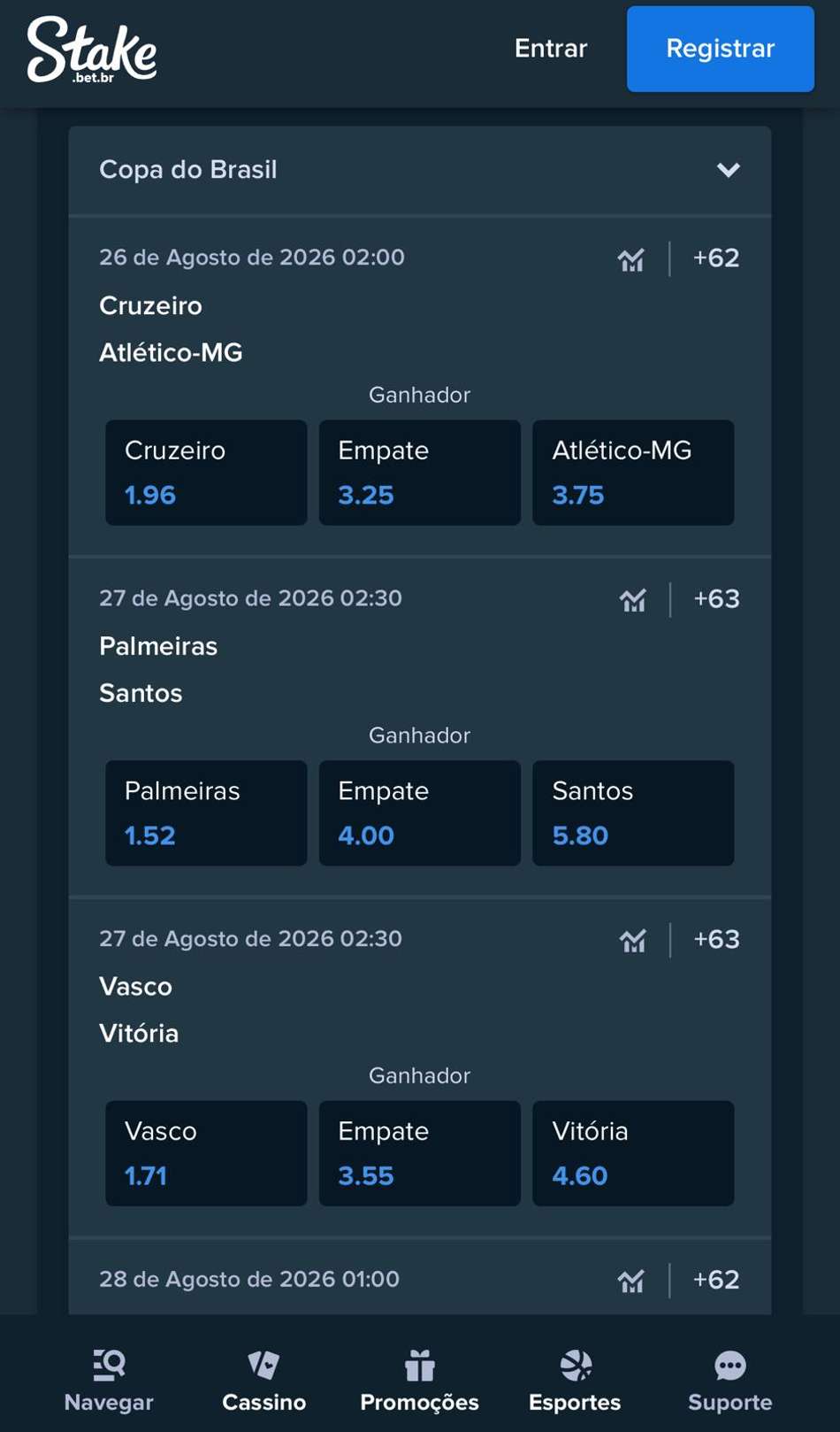 Captura da tela de apostas na Copa do Brasil na Stake.