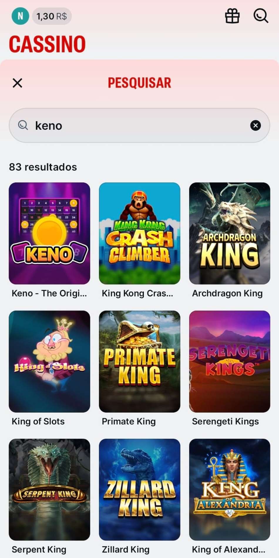 Captura de tela da Superbet exibindo os resultados de busca pelos jogos de keno online.