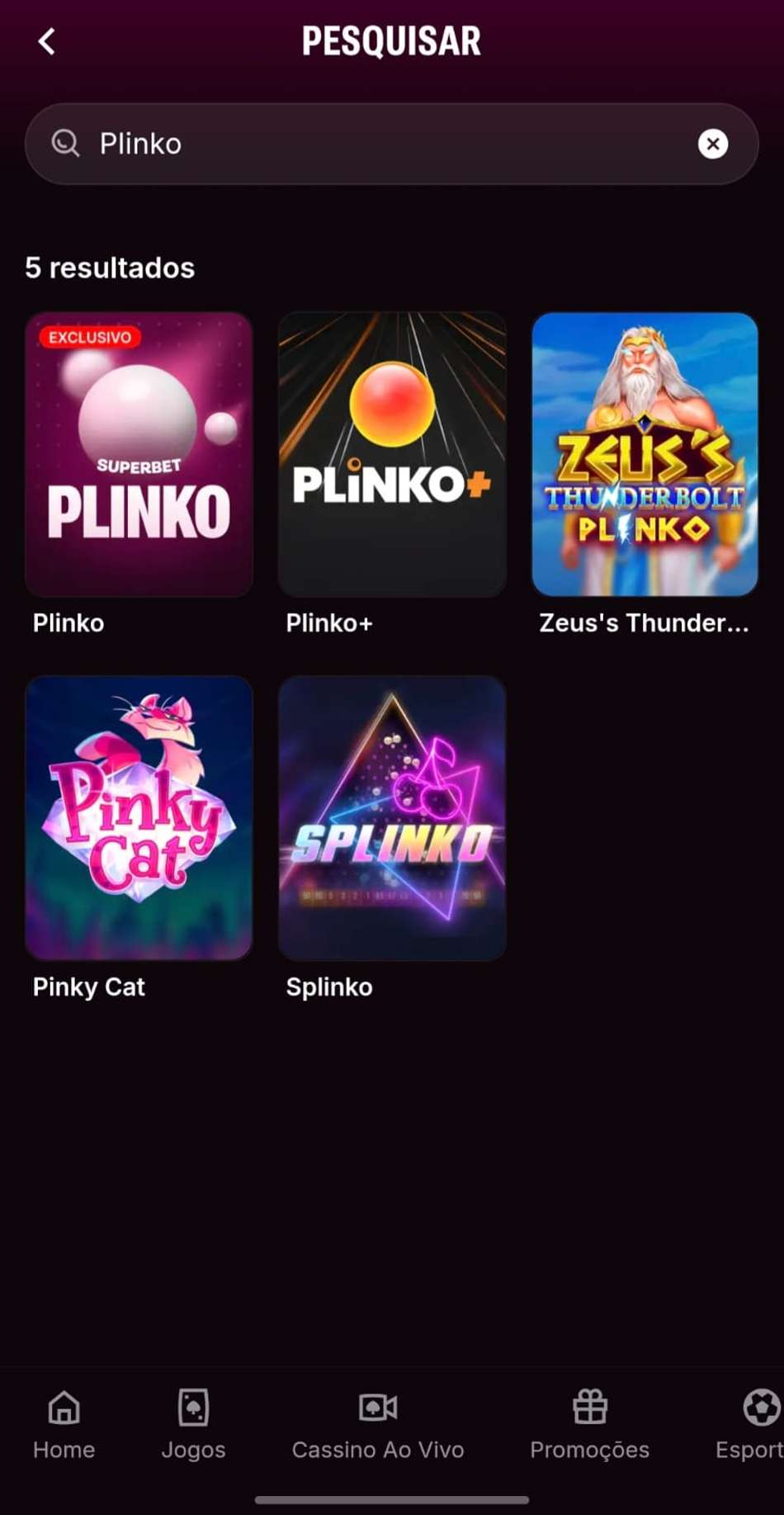Captura de tela dos jogos de Plinko disponíveis para jogar na Superbet.