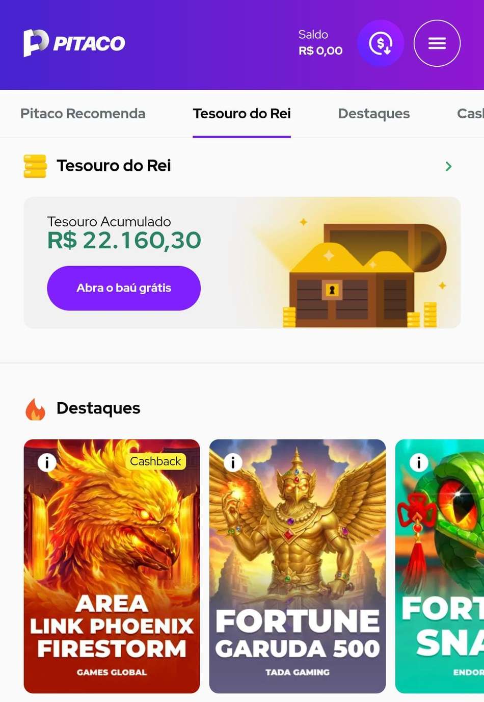 Captura de tela do Tesouro do Rei do novo cassino Pitaco.
