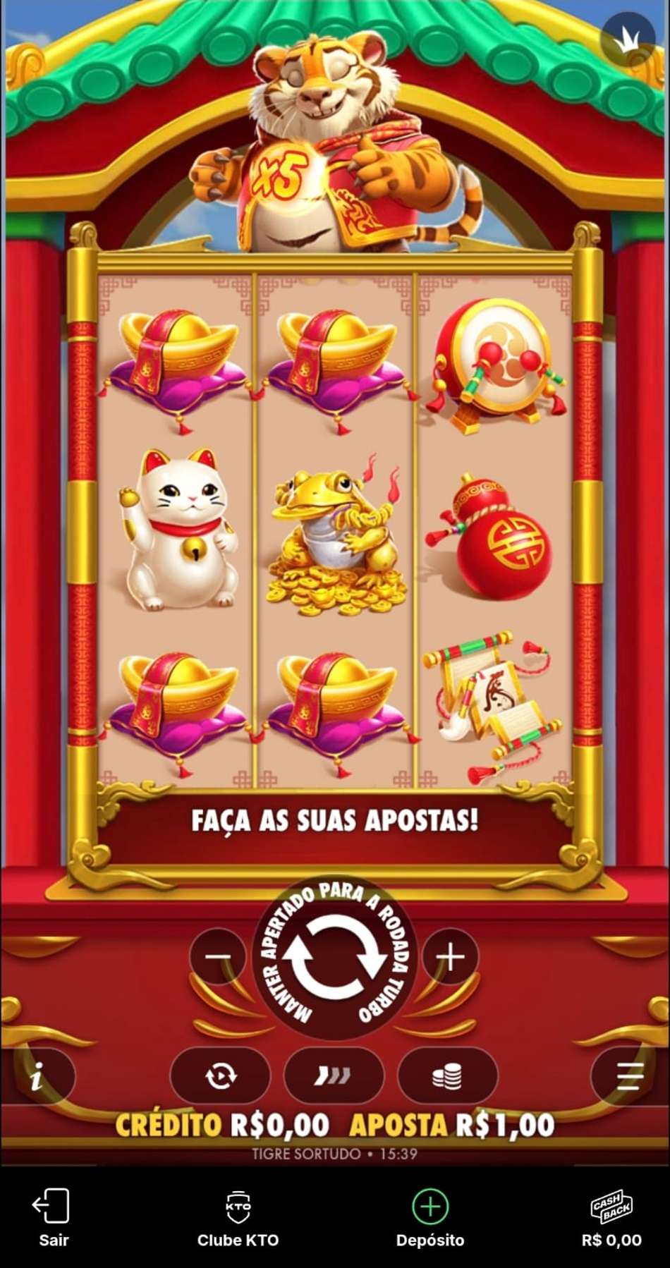 Captura de tela do Tigre Sortudo, um dos melhores slots para jogar na KTO com R$0,10.