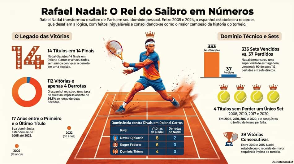 Gráfico mostra números da supremacia do espanhol Rafael Nadal em Roland Garros (Reprodução)