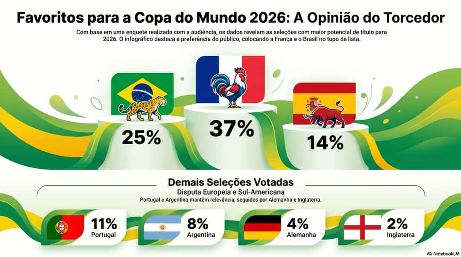 Público do Lnace! escolheu a França como a grande favorita ao título da Copa do Mundo (Arte: Lance!, via NotebookLM)