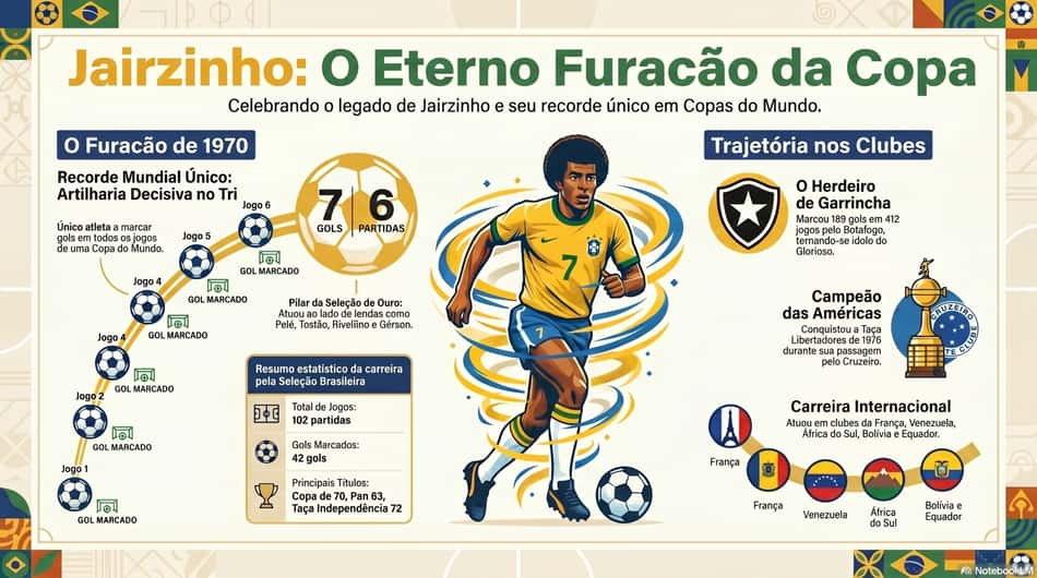 Gráfico mostra números da carreira de Jairzinho, o Furacão da Copa de 1970 (Reprodução)