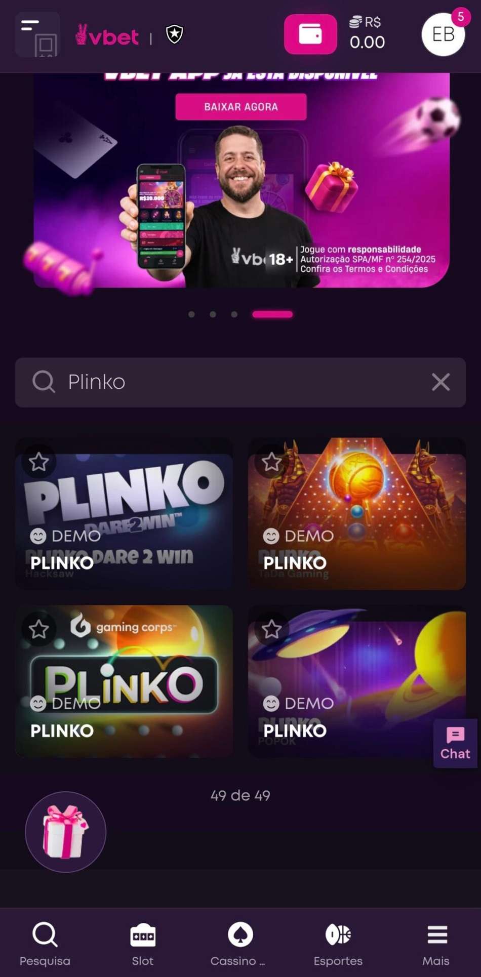 Captura de tela exibindo os jogo de Plinko da Vbet com provedores da Dare2Win, Gaming Corps e outros.