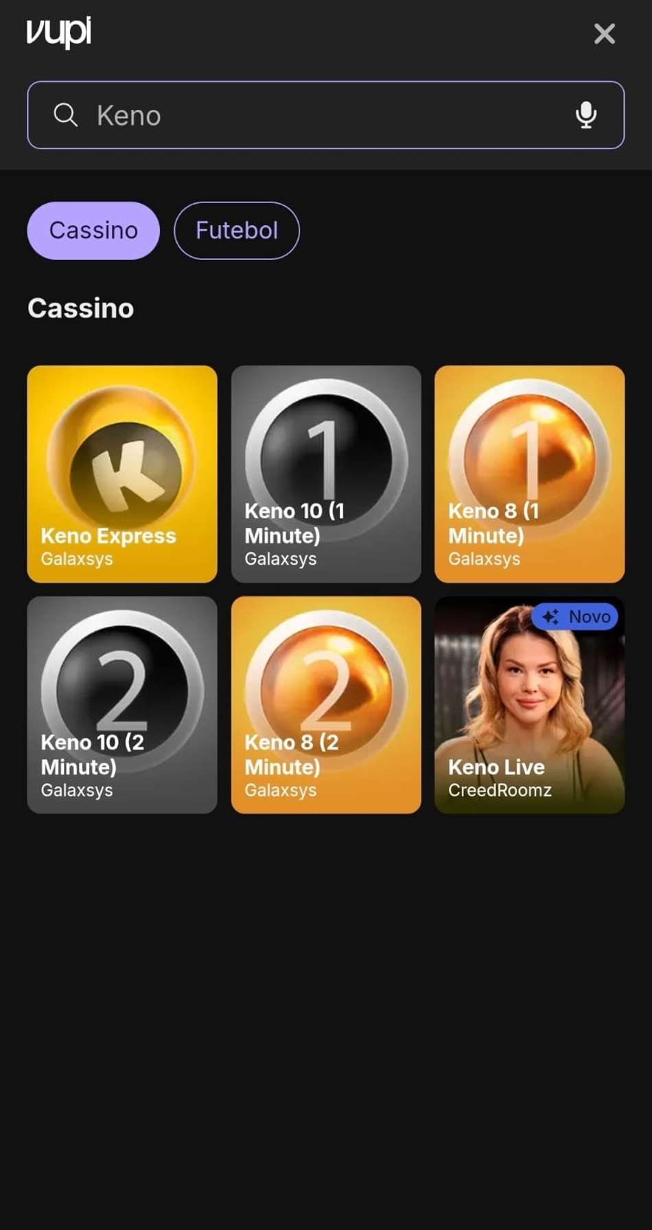 Captura de tela da Vupi, um dos melhores cassinos para jogar keno online exibindo os jogos disponíveis no catálogo de apostas.