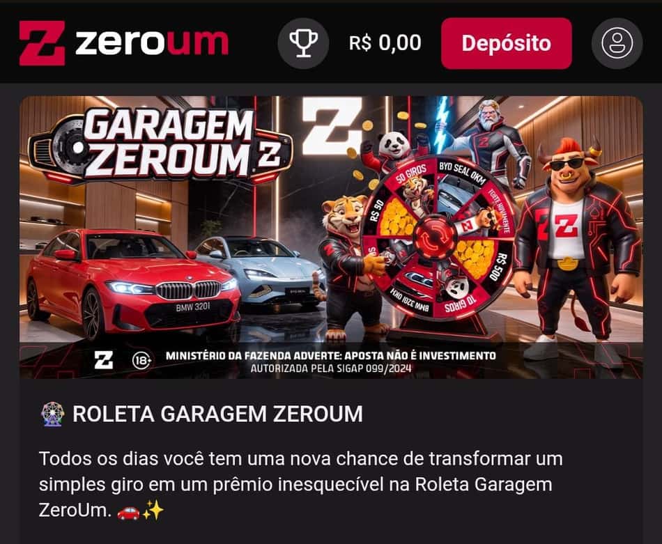 Captura de tela do bônus novo Roleta Garagem da Zeroum bet.